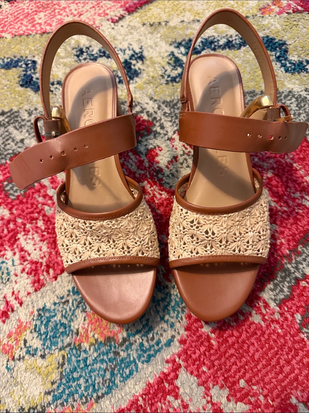 AEROSOLES Brown and Cream Woven Slingback Sandals